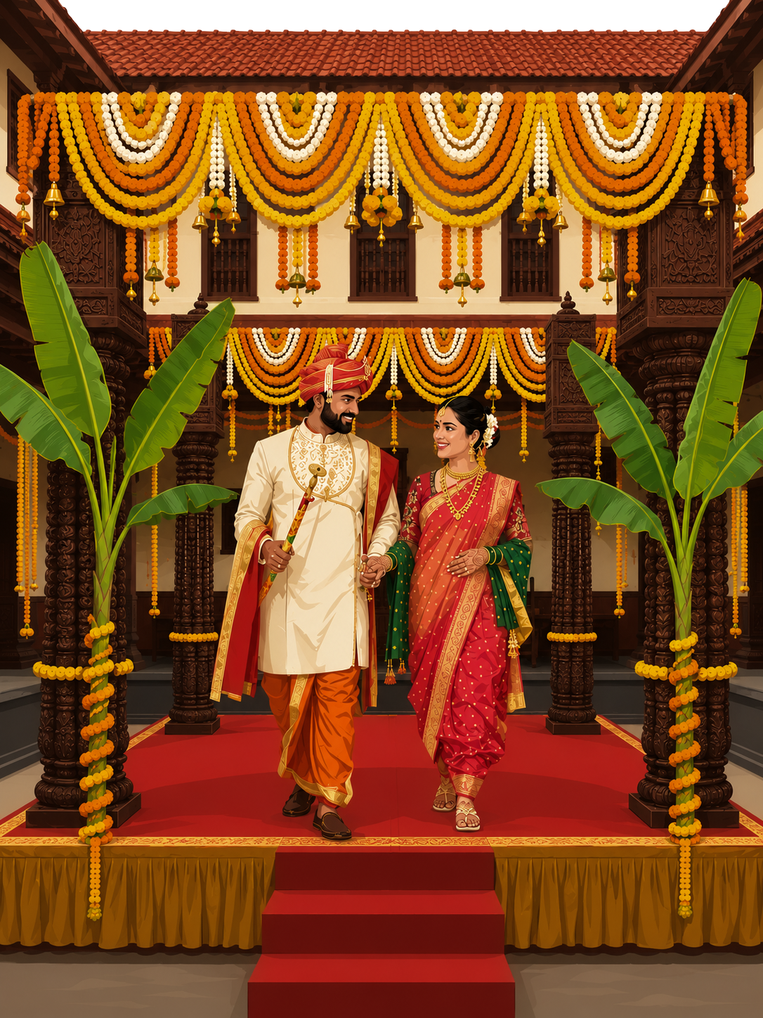 Ananya & Vikram at the mandap, hung with marigolds