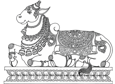 A line drawing of Nandi, the sacred bull, seated on a plinth.